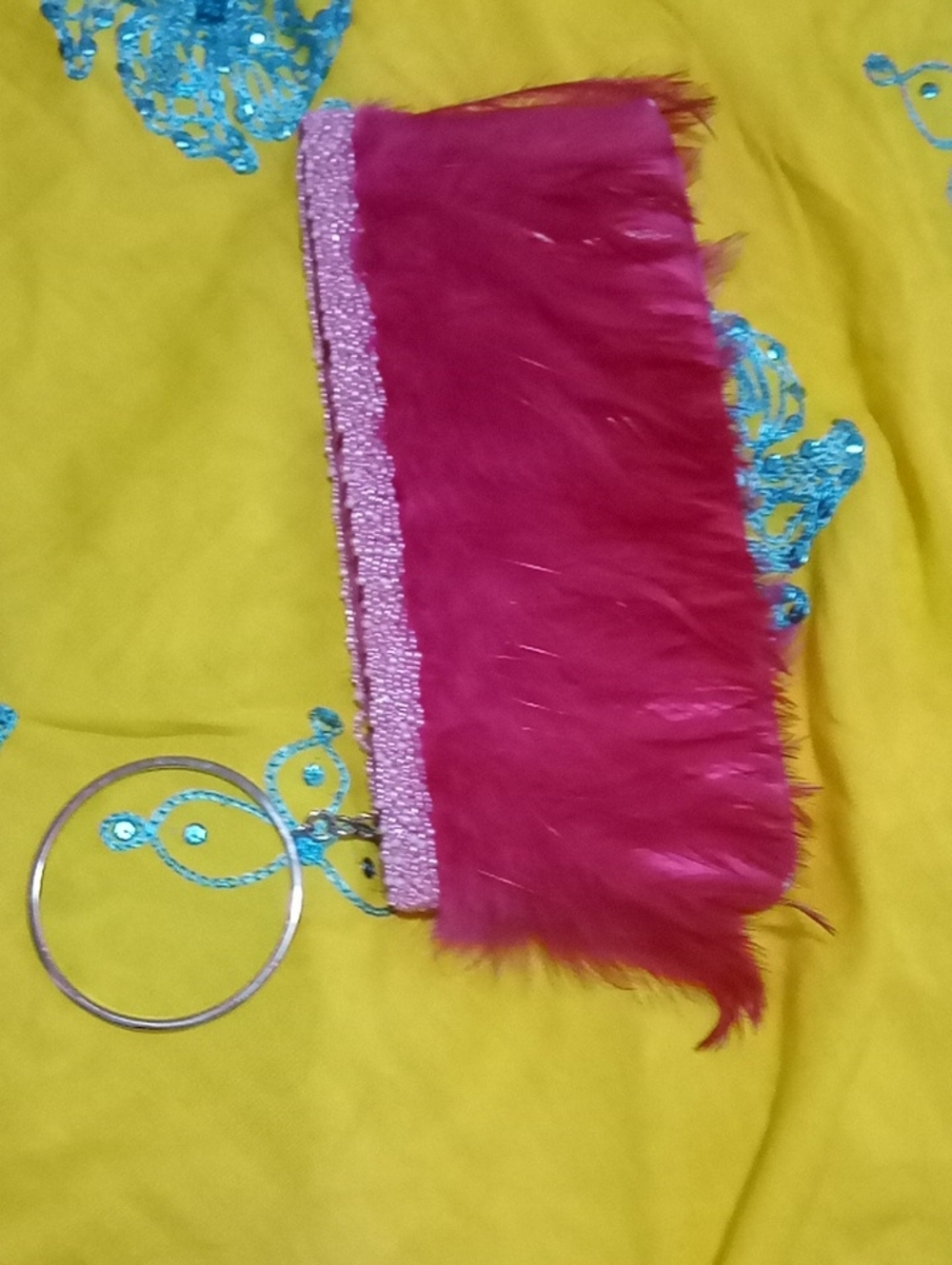La Regale Fuchsia Feather Wristlet Clutch with Beaded Crystal Band